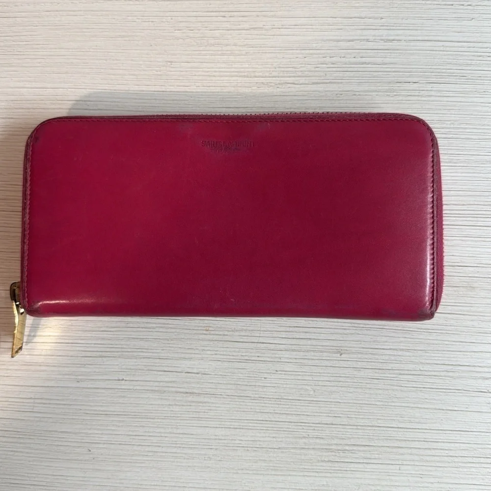 Auth Saint Laurent Round Zipper Long Wallet Solid Pink Leather Italy - Picture 2 of 9
